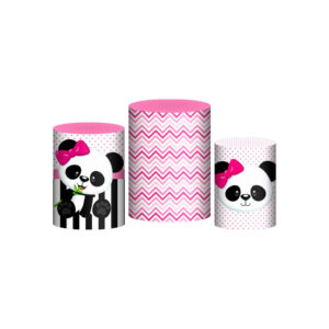 Trio Capa Cilindro Panda Rosa 3d Em Tecido Com Elástico