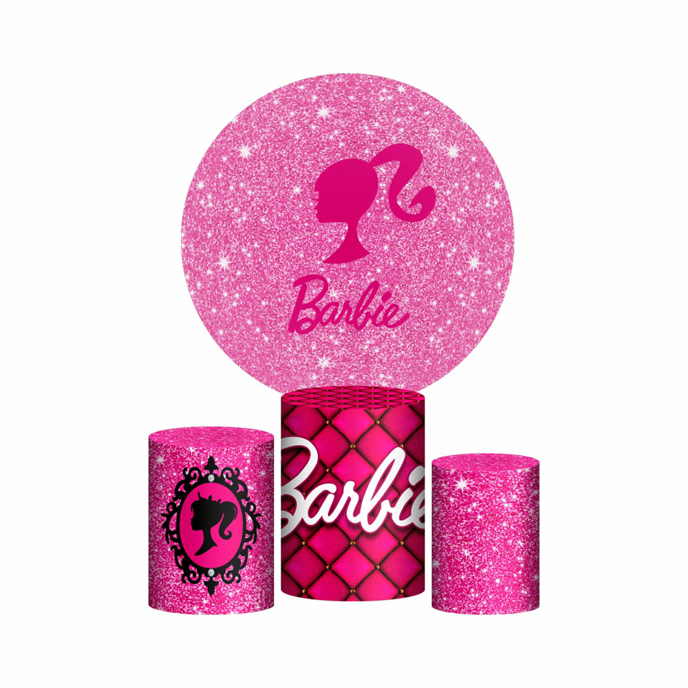 Trio Capa Cilindro + Painel Redondo 3D Barbie 1,50m Veste Fácil