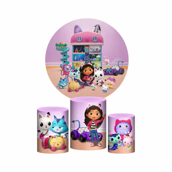 Trio Capa Cilindro + Painel Redondo 3D A Casa Magica de Gabby 1,50m Veste Fácil