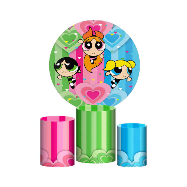 Trio Capa Cilindro + Painel Redondo 3D Meninas Super Poderosas 1,50m Veste Fácil