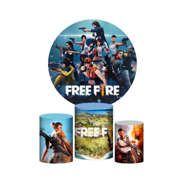 Trio Capa Cilindro + Painel Redondo 3D Free Fire 1,50m Veste Fácil