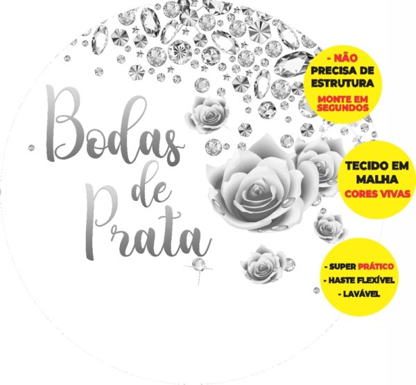 Painel Redondo 3D Bodas De Prata Abre Fácil Em Tecido