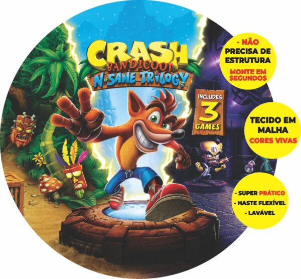 Painel Redondo 3D Crash Bandicoot Abre Fácil Em Tecido