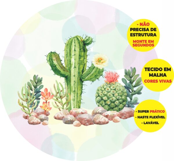 Painel Redondo 3D Cactos Abre Fácil Em Tecido