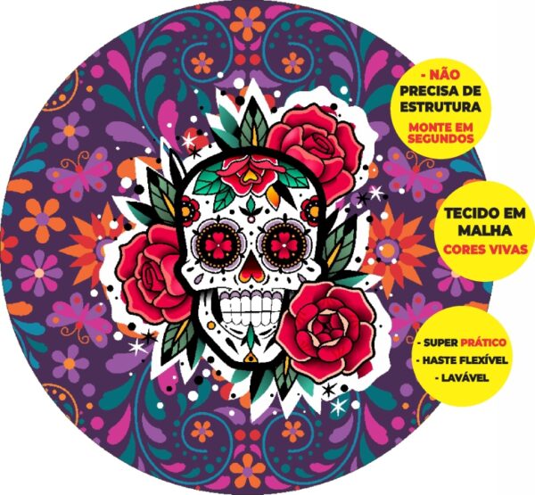Painel Redondo 3D Caveira Mexicana Abre Fácil Em Tecido