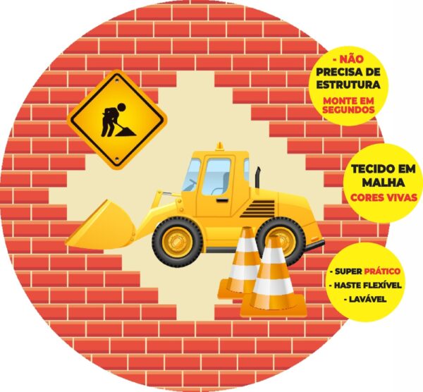 Painel Redondo 3D Construção Abre Fácil Em Tecido