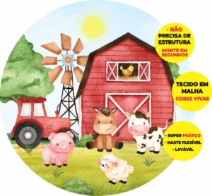 Painel Redondo 3D Fazendinha Aquarela Abre Fácil Em Tecido