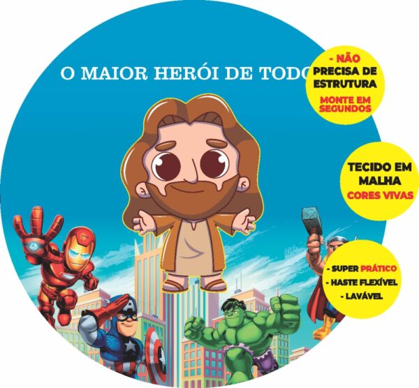 Painel Redondo 3D Jesus Heroi Abre Fácil Em Tecido