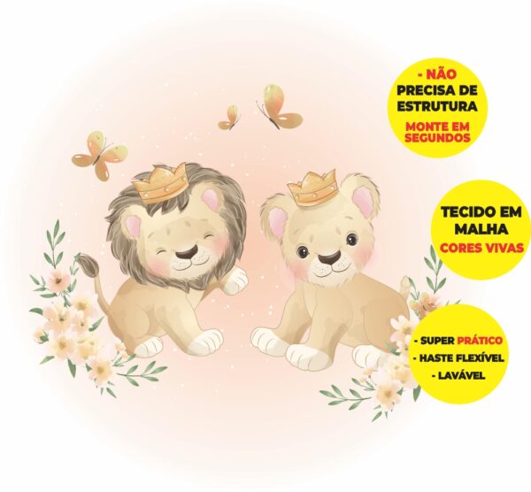 Painel Redondo 3D Chá Revelação Leãozinhos Abre Fácil Em Tecido