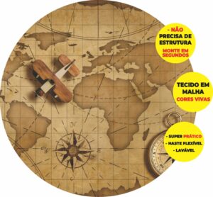 Painel Redondo 3D Mapa Mundi Abre Fácil Em Tecido
