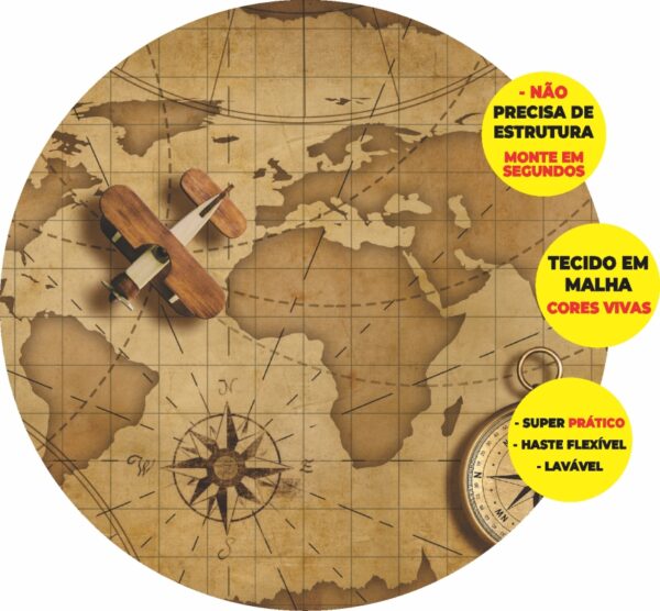 Painel Redondo 3D Mapa Mundi Abre Fácil Em Tecido