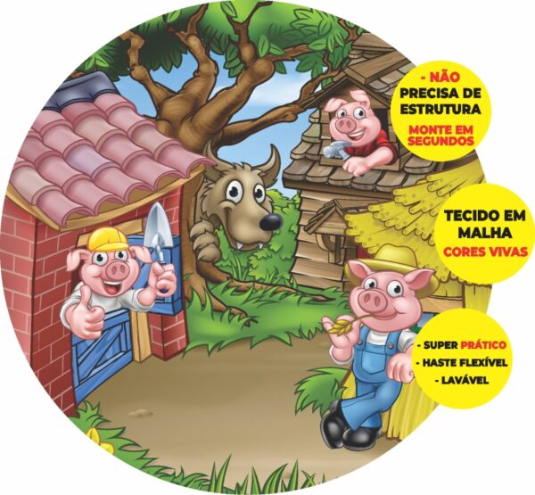 Painel Redondo 3D Os Três Porquinhos Abre Fácil Em Tecido