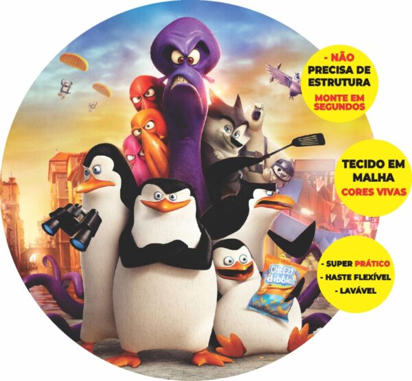 Painel Redondo 3D Pinguins De Madagascar Abre Fácil Em Tecido