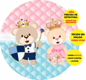 Painel Redondo 3D Ursinho E Ursinha Realeza Abre Fácil Em Tecido