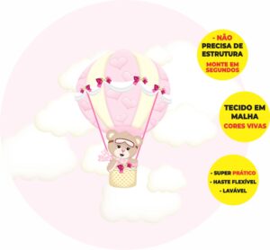 Painel Redondo 3D Ursinha Baloeira Abre Fácil Em Tecido