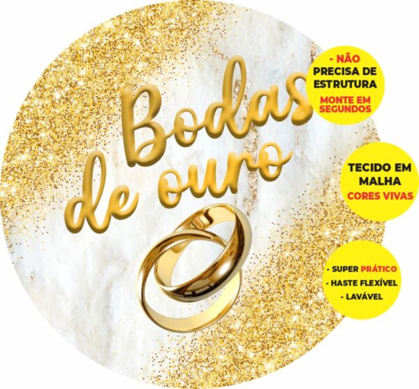 Painel Redondo 3D Bodas De Ouro Abre Fácil Em Tecido