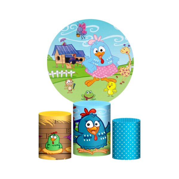 Trio Capa Cilindro + Painel Redondo 3D Galinha Pintadinha 1,50m Veste Fácil