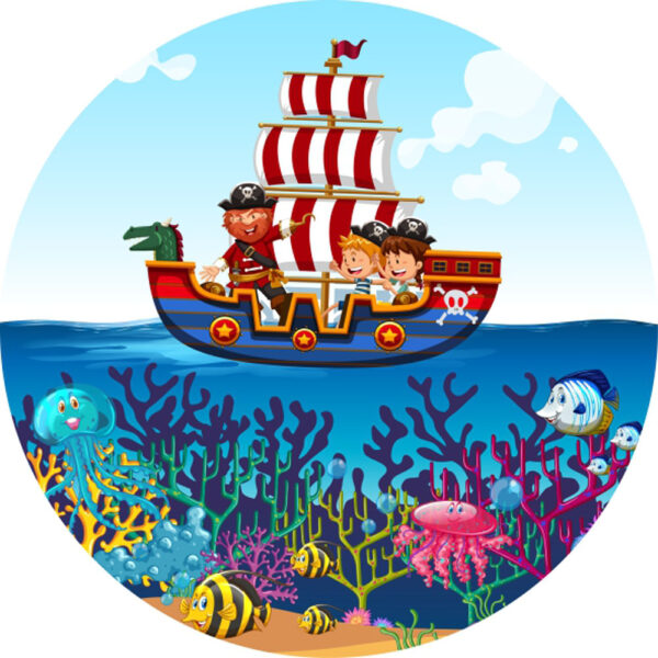 Painel Redondo 3D Pirata Baby Navio Tecido Sublimado
