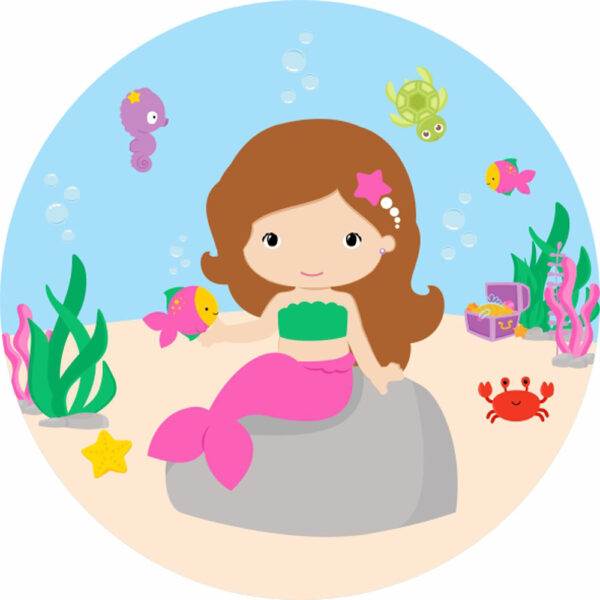Painel Redondo 3D Sereia Cute Tecido Sublimado