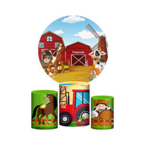 Trio Capa Cilindro + Painel Redondo 3D Fazendinha 1,50m Veste Fácil