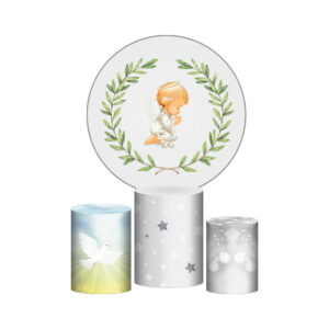 Trio Capa Cilindro + Painel Redondo 3D Batizado1,50m Veste Fácil