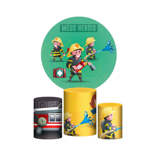 Trio Capa Cilindro + Painel Redondo 3D Bombeiro 1,50m Veste Fácil