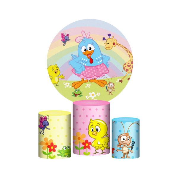Trio Capa Cilindro + Painel Redondo 3D Galinha Pintadinha 1,50m Veste Fácil