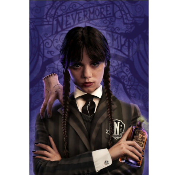 Painel de Festa Retangular 3D Wandinha Addams Casadinho 1,50m x 2,20
