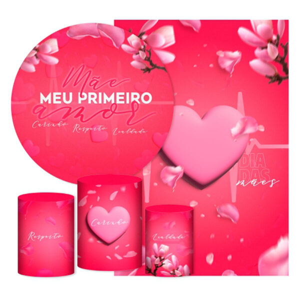 Kit Casado Dia das Mães Vermelho Painel Redondo Trio Capas Cilindro Retangular Vertical Em Tecido