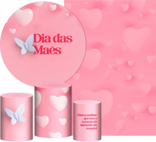 Kit Casado Dia das Mães Rosa Painel Redondo Trio Capas Cilindro Retangular Vertical Em Tecido
