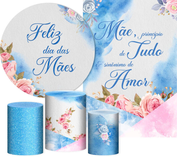 Kit Casado Dia das Mães Azul Painel Redondo Trio Capas Cilindro Retangular Vertical Em Tecido