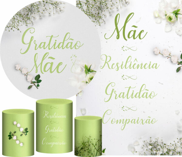Kit Casado Dia das Mães Gratidão Painel Redondo Trio Capas Cilindro Retangular Vertical Em Tecido
