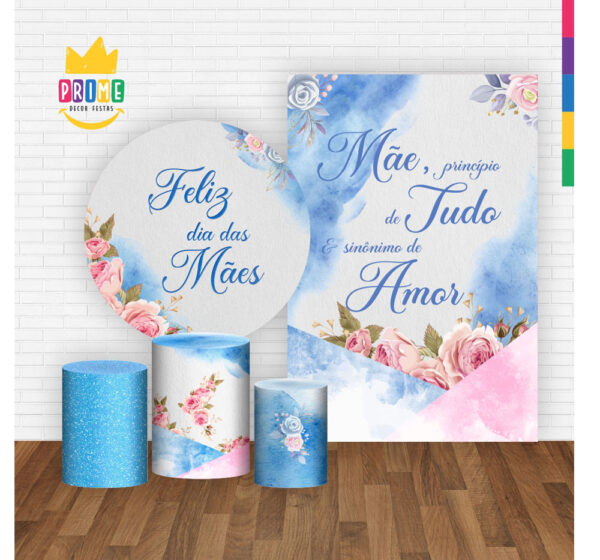 Kit Casado Dia das Mães Azul Painel Redondo Trio Capas Cilindro Retangular Vertical Em Tecido - Image 2