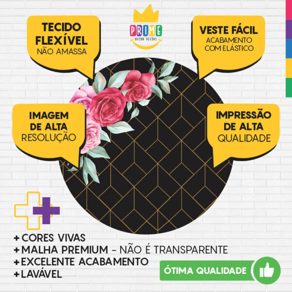 Painel Redondo 3D Floral Preto Tecido Sublimado - Image 3