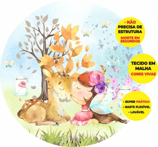 Painel Redondo 3D Bosque Fadinha Abre Fácil Tecido