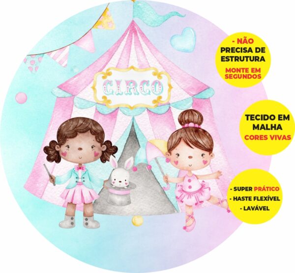 Painel Redondo 3D Circo Rosa Abre Fácil Tecido