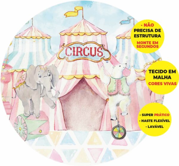 Painel Redondo 3D Circo Rosa Abre Fácil Tecido