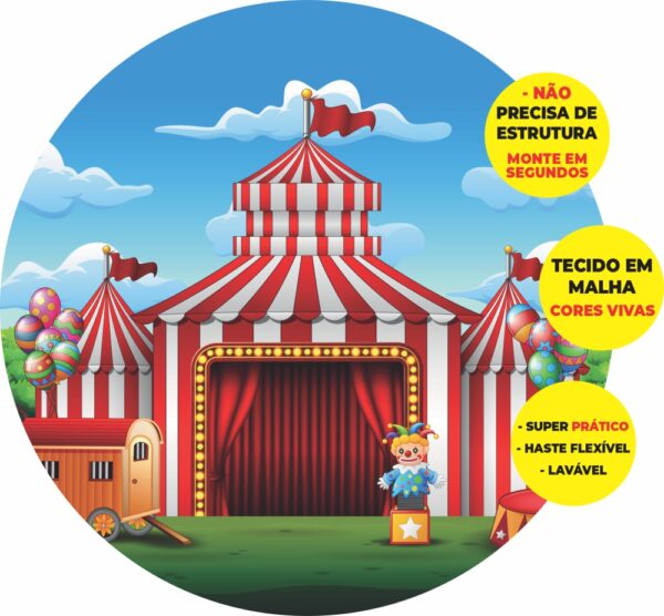 Painel Redondo 3D Circo Abre Fácil Tecido