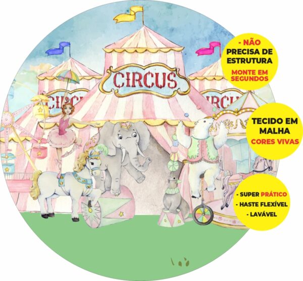 Painel Redondo 3D Circo Rosa Abre Fácil Tecido