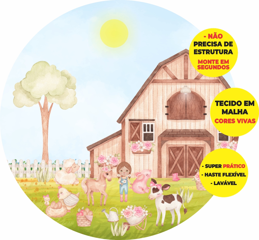 Painel Redondo 3D Fazendinha Abre Fácil Tecido