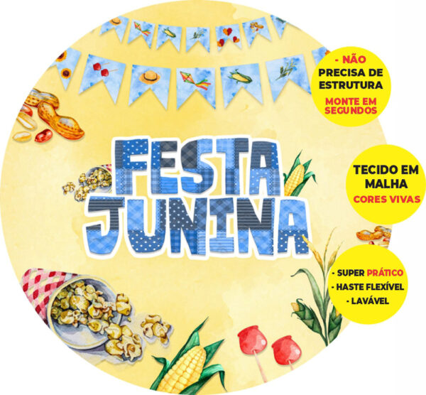 Painel Redondo 3D Festa Junina Amarelo Abre Fácil Em Tecido