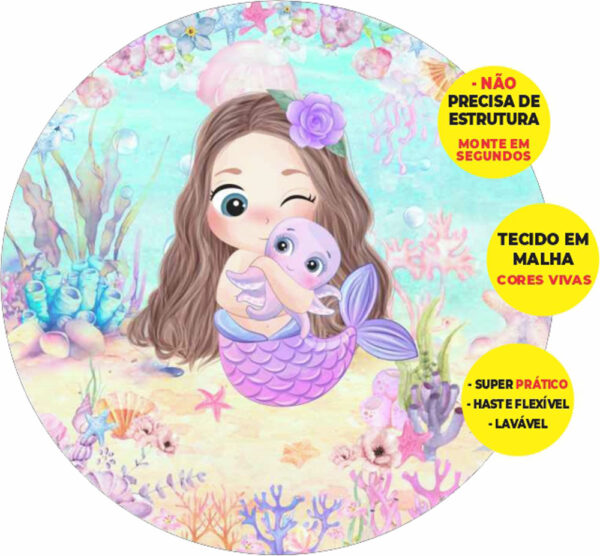 Painel Redondo 3D Sereia Abre Fácil Tecido