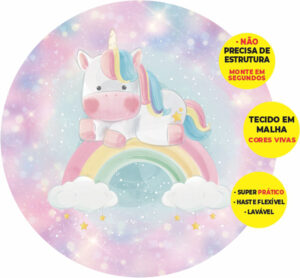 Painel Redondo 3D Unicórnio Cute Abre Fácil Tecido