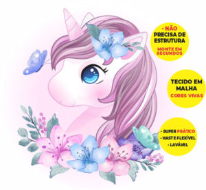 Painel Redondo 3D Unicórnio Cute Abre Fácil Tecido