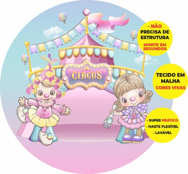 Painel Redondo 3D Circo Rosa Abre Fácil Tecido