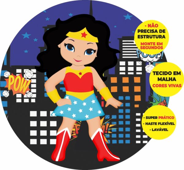 Painel Redondo 3D Mulher Maravilha Cute Abre Fácil Tecido