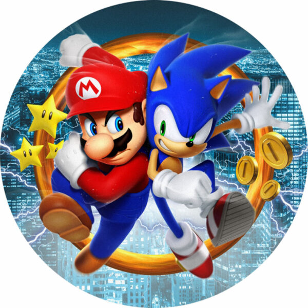 Painel Redondo 3D Sonic VS Mario Tecido Sublimado