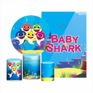 Kit Casado Baby Shark Painel Redondo Trio Capas Cilindro Retangular Vertical Em Tecido