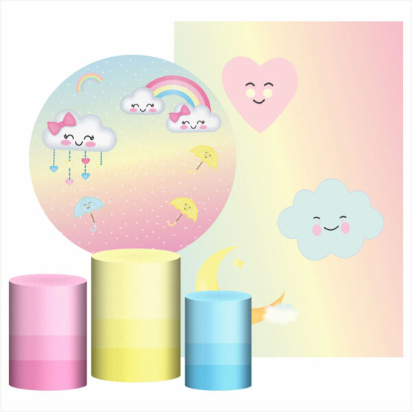 Kit Casado Chuva de Amor Painel Redondo Trio Capas Cilindro Retangular Vertical Em Tecido