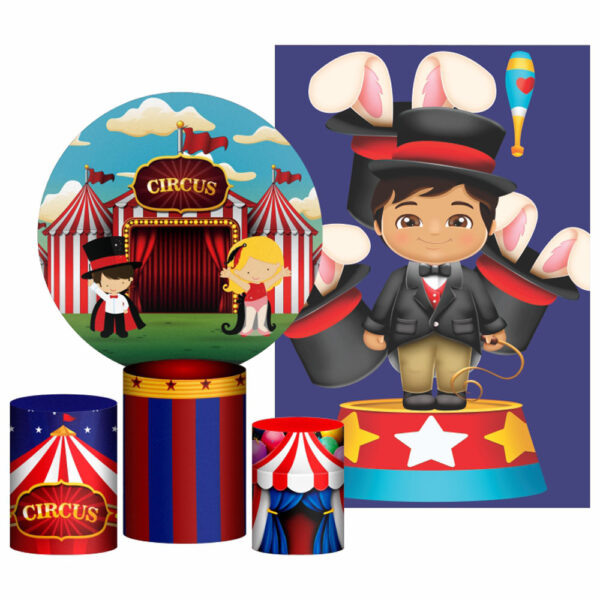 Kit Casado Circo Painel Redondo Trio Capas Cilindro Retangular Vertical Em Tecido